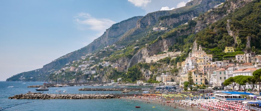 Beach and port in Amalfi town, Campania, Italy
