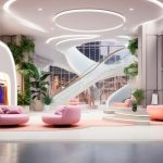 Interior comercial modern, cu design futurist și elemente arhitecturale spectaculoase
