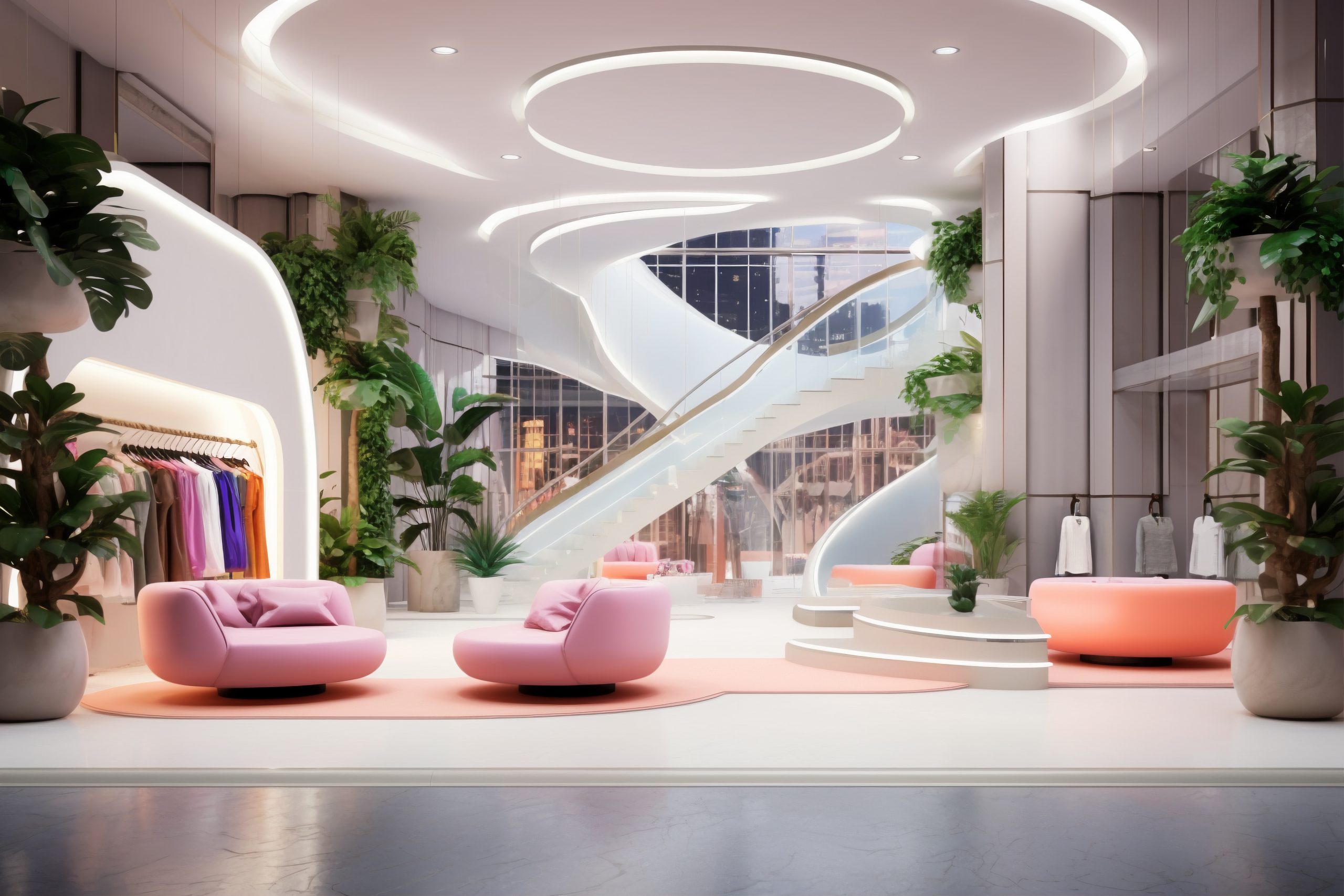 Interior comercial modern, cu design futurist și elemente arhitecturale spectaculoase