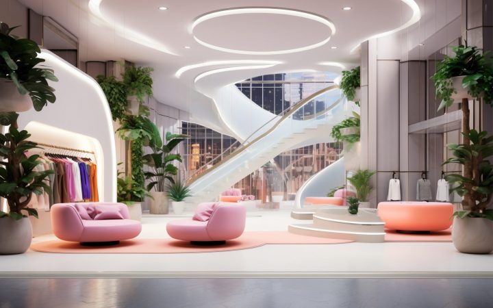 Interior comercial modern, cu design futurist și elemente arhitecturale spectaculoase